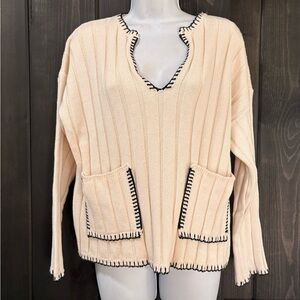 Zara Women's Cream Sweater with Black Trim small